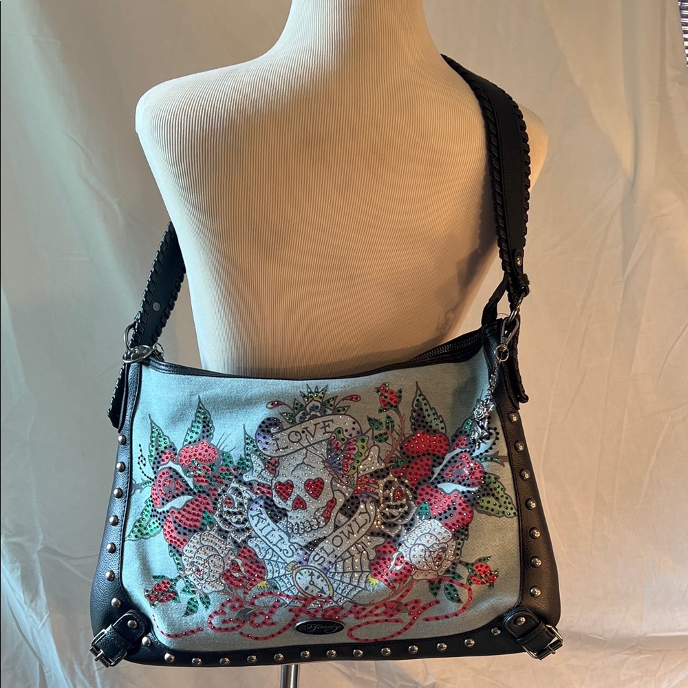 Ed Hardy Light Blue and Black Embroidered Skull & Rose Shoulder Bag